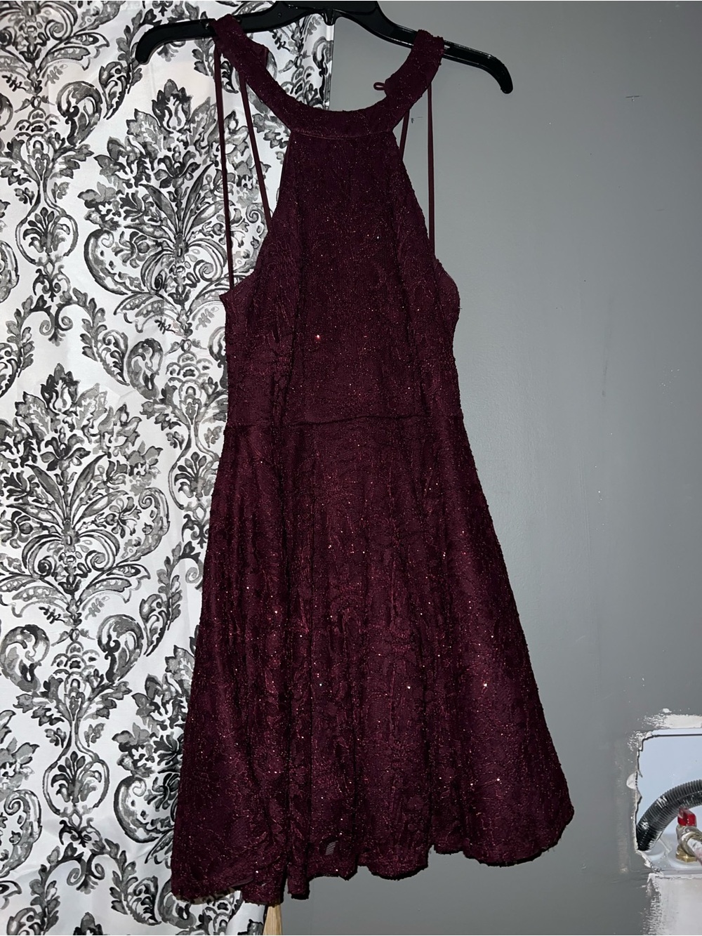 B. Smart Sparkle Halter Fit-and-Flare Dress in Burgundy